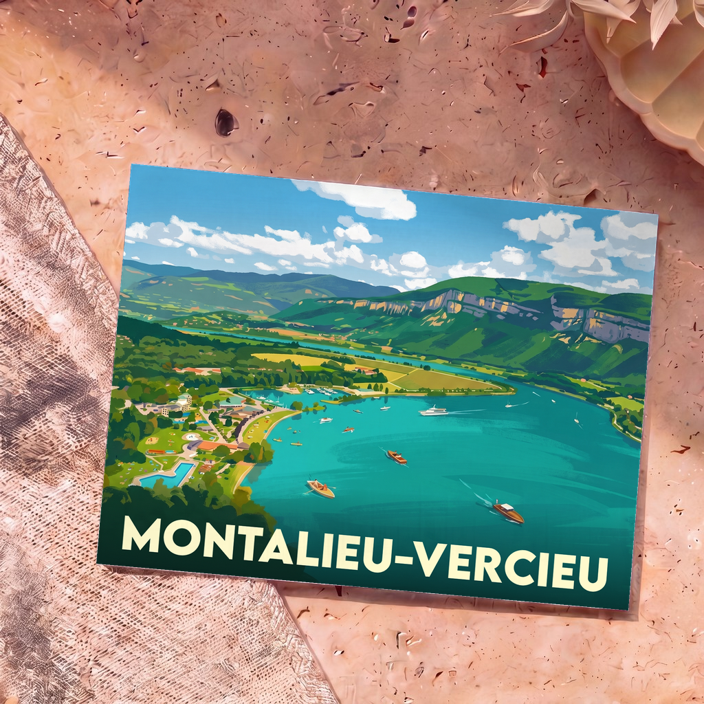 Carte postale souvenir de la ville de Montalieu-Vercieu avec une illustration stylisée d'un lac de montagne animé.