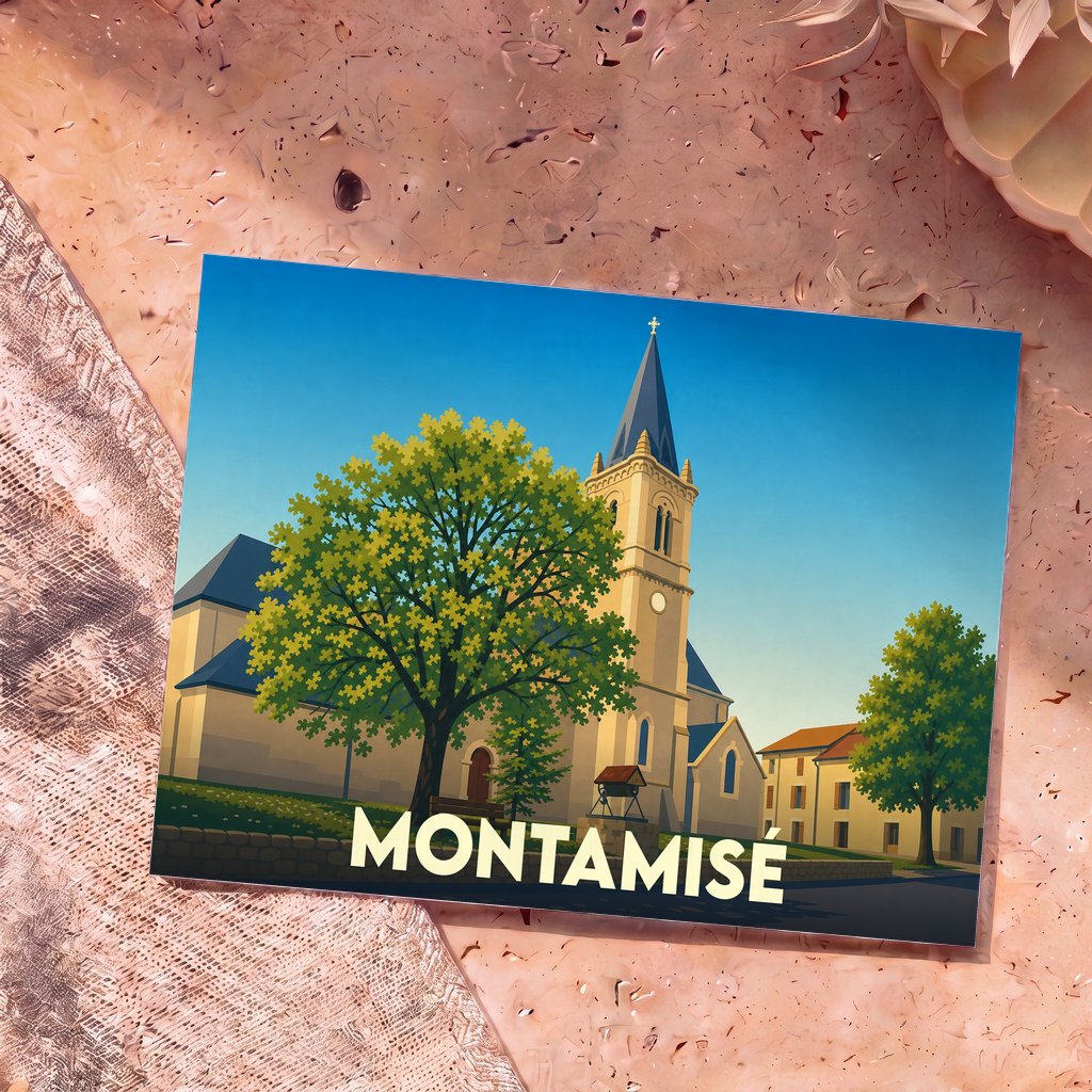 Carte postale souvenir de la ville de Montamisé avec une illustration stylisée de son église et d'un grand arbre.