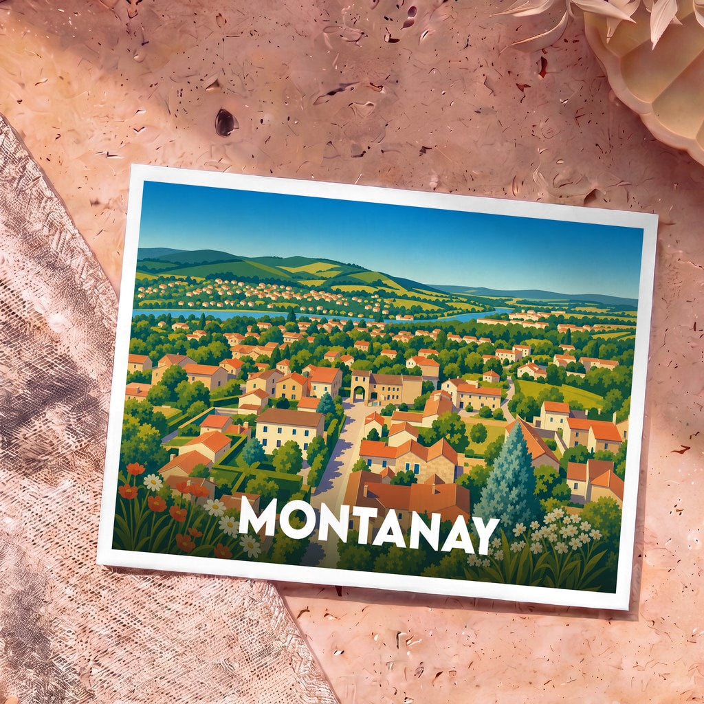 Carte postale souvenir de la ville de Montanay avec une illustration stylisée et colorée.
