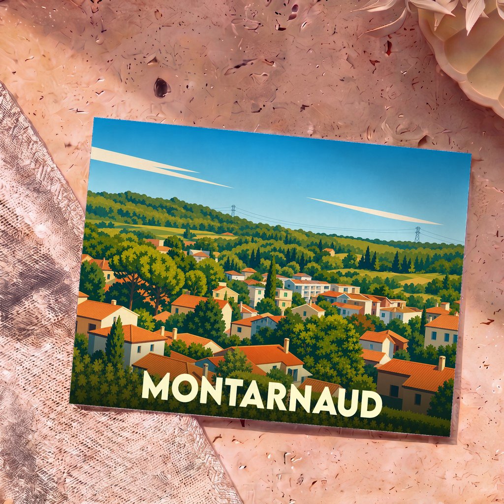Carte postale souvenir de la ville de Montarnaud avec une illustration stylisée de ses maisons aux toits de tuiles nichées dans un paysage vallonné.