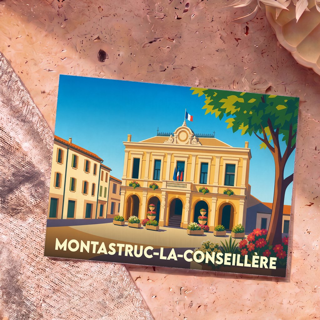 Carte postale souvenir de la ville de Montastruc-la-Conseillère avec une illustration stylisée de sa mairie.