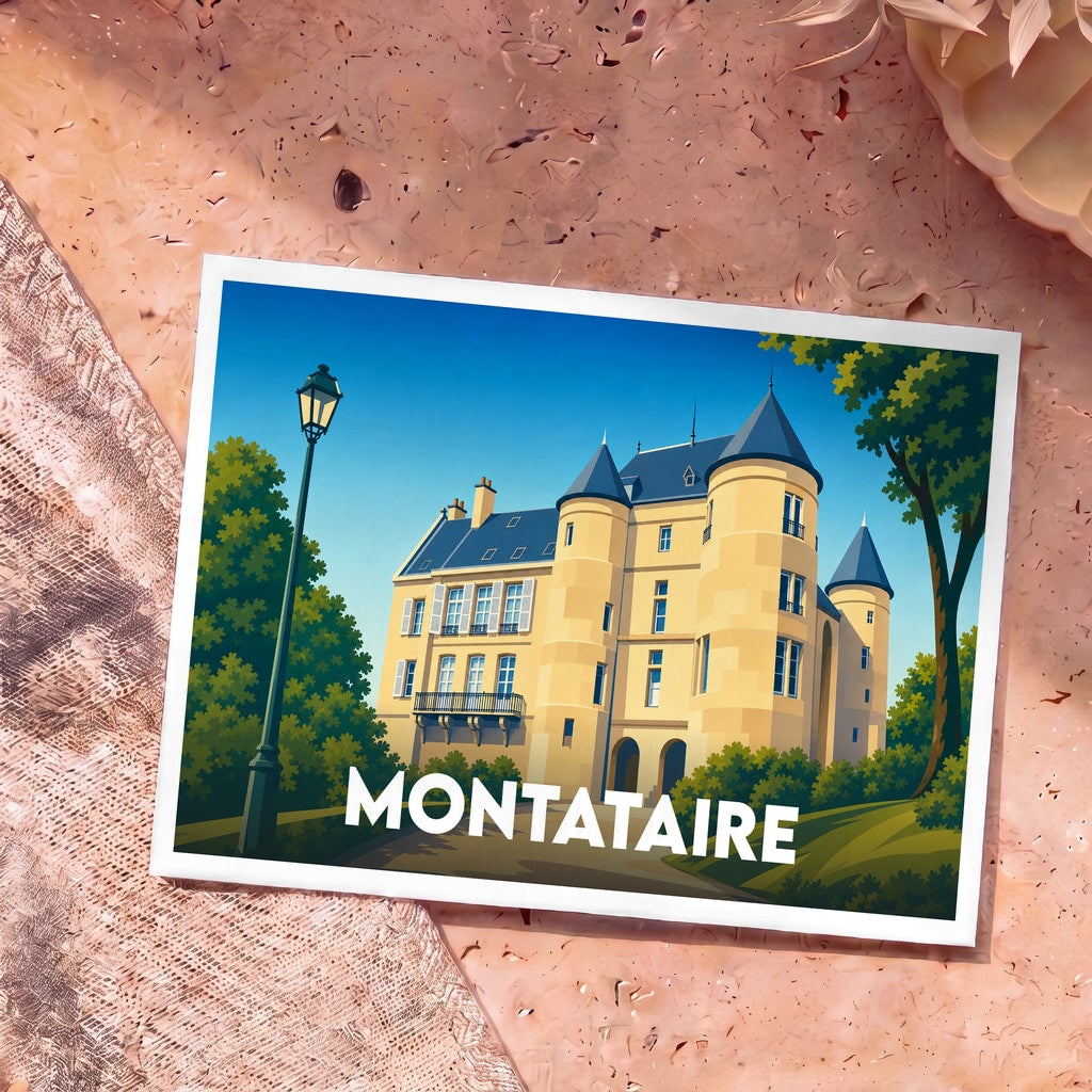 Carte postale souvenir de la ville de Montataire avec une illustration stylisée de son château.
