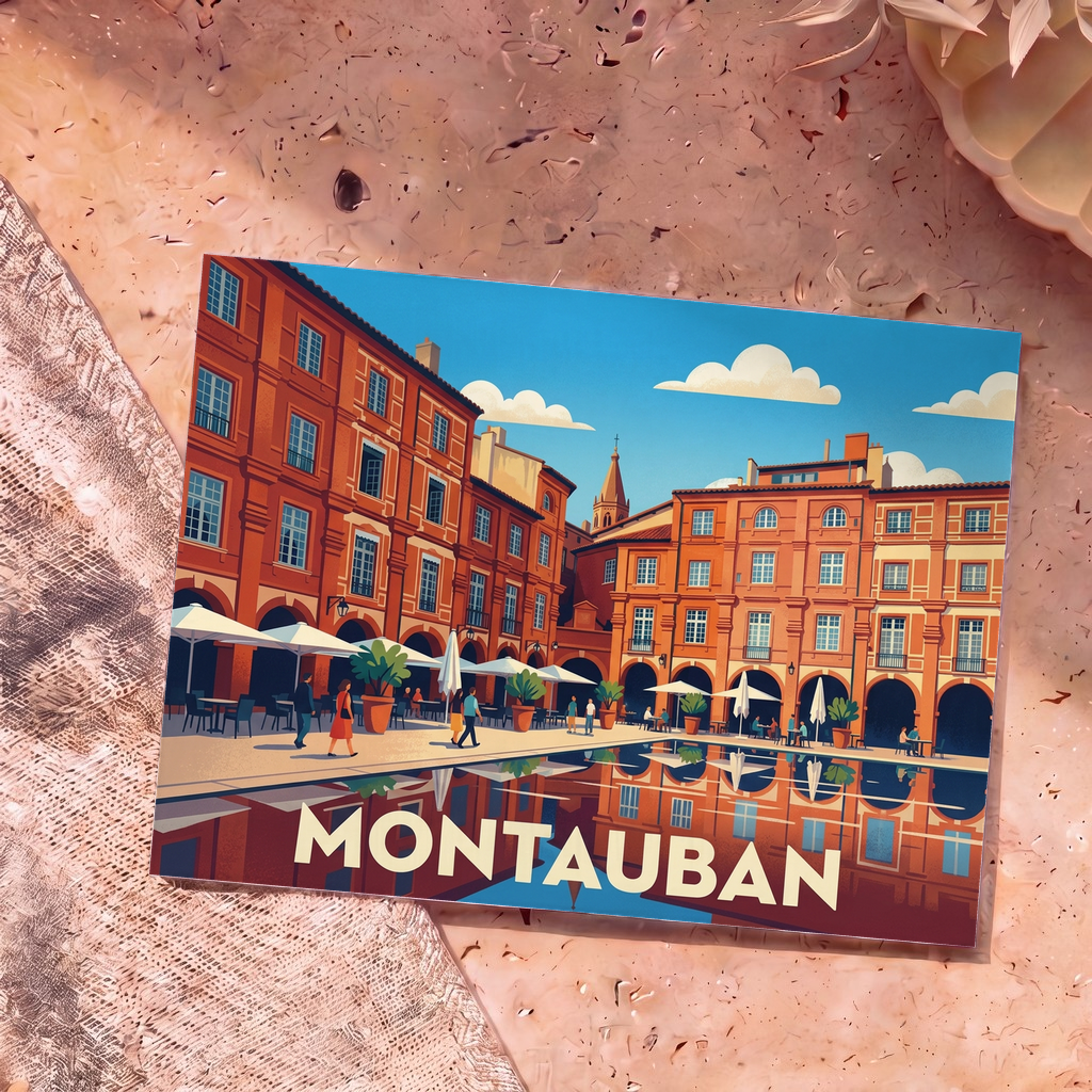 Carte postale souvenir de la ville de Montauban avec une illustration stylisée de la place Nationale.