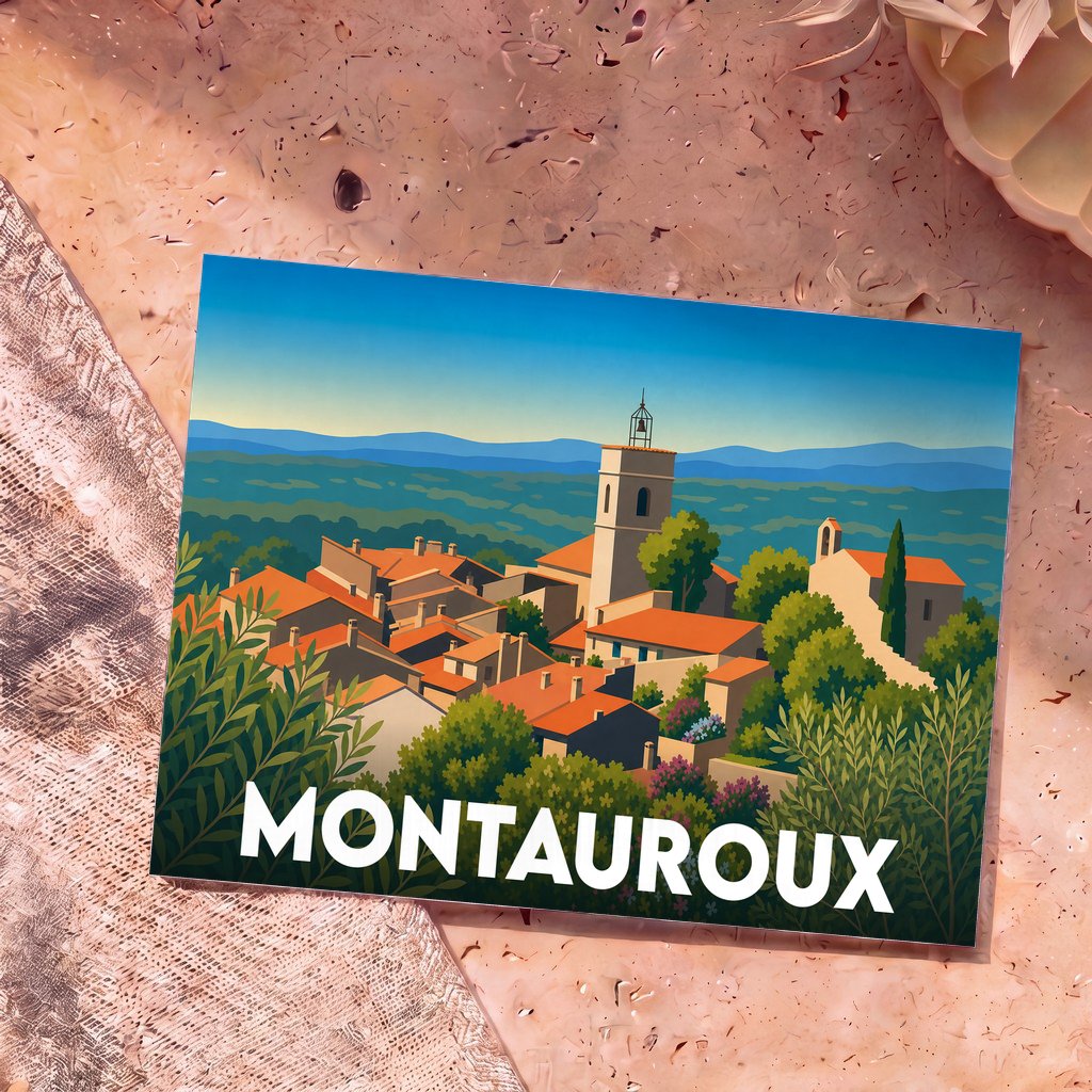 Carte postale souvenir de la ville de Montauroux avec une illustration stylisée de ses toits provençaux et de son clocher.