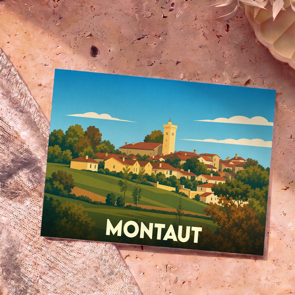 Carte postale souvenir de la ville de Montaut avec une illustration stylisée d'un village perché.