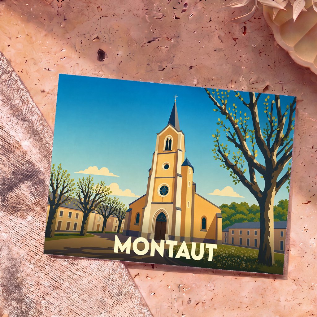 Carte postale souvenir de la ville de Montaut avec une illustration stylisée de son église et de son paysage urbain.