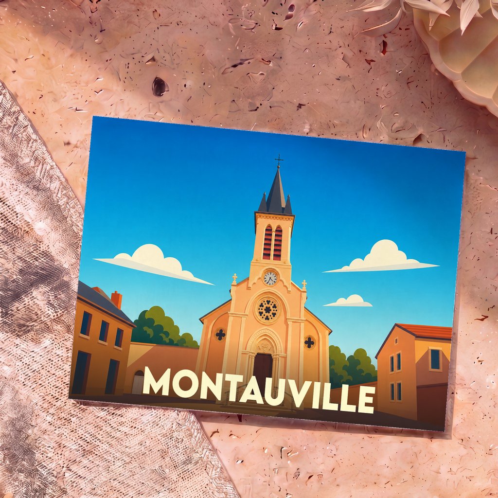 Carte postale souvenir de la ville de Montauville avec une illustration stylisée de son église.