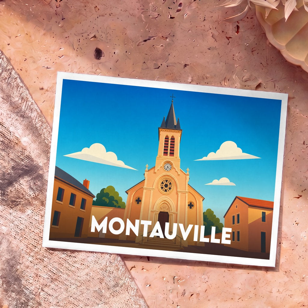 Carte postale souvenir de la ville de Montauville avec une illustration stylisée de son église.