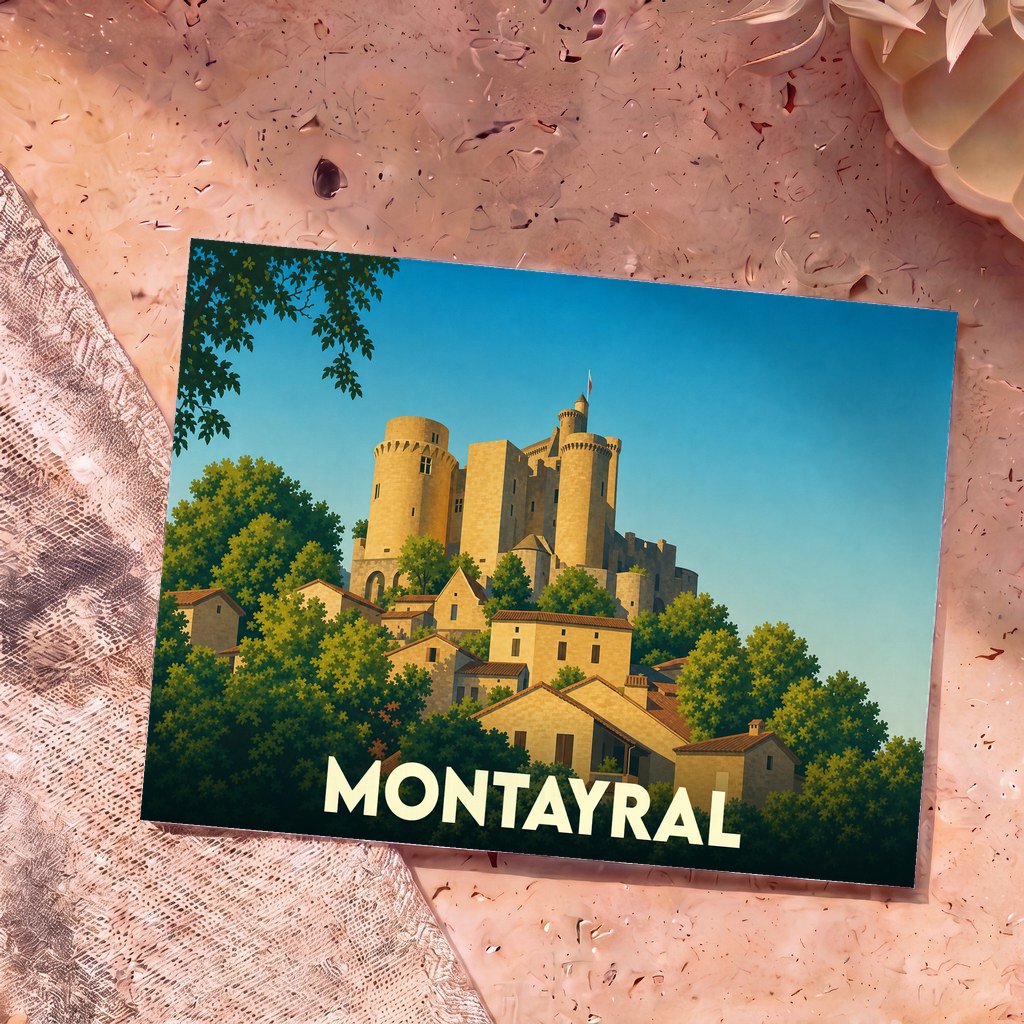 Carte postale souvenir de la ville de Montayral illustrant son château et ses maisons ensoleillées dans un style graphique épuré.