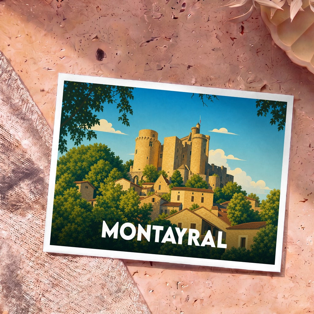 Carte postale souvenir de la ville de Montayral illustrant son château et ses maisons ensoleillées dans un style graphique épuré.