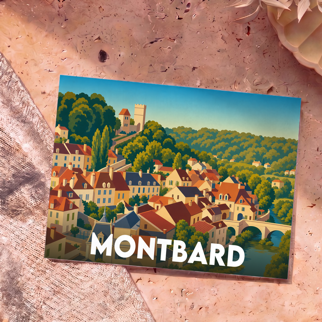 Carte postale souvenir de la ville de Montbard présentant une illustration stylisée et colorée de ses maisons, son pont et son château.