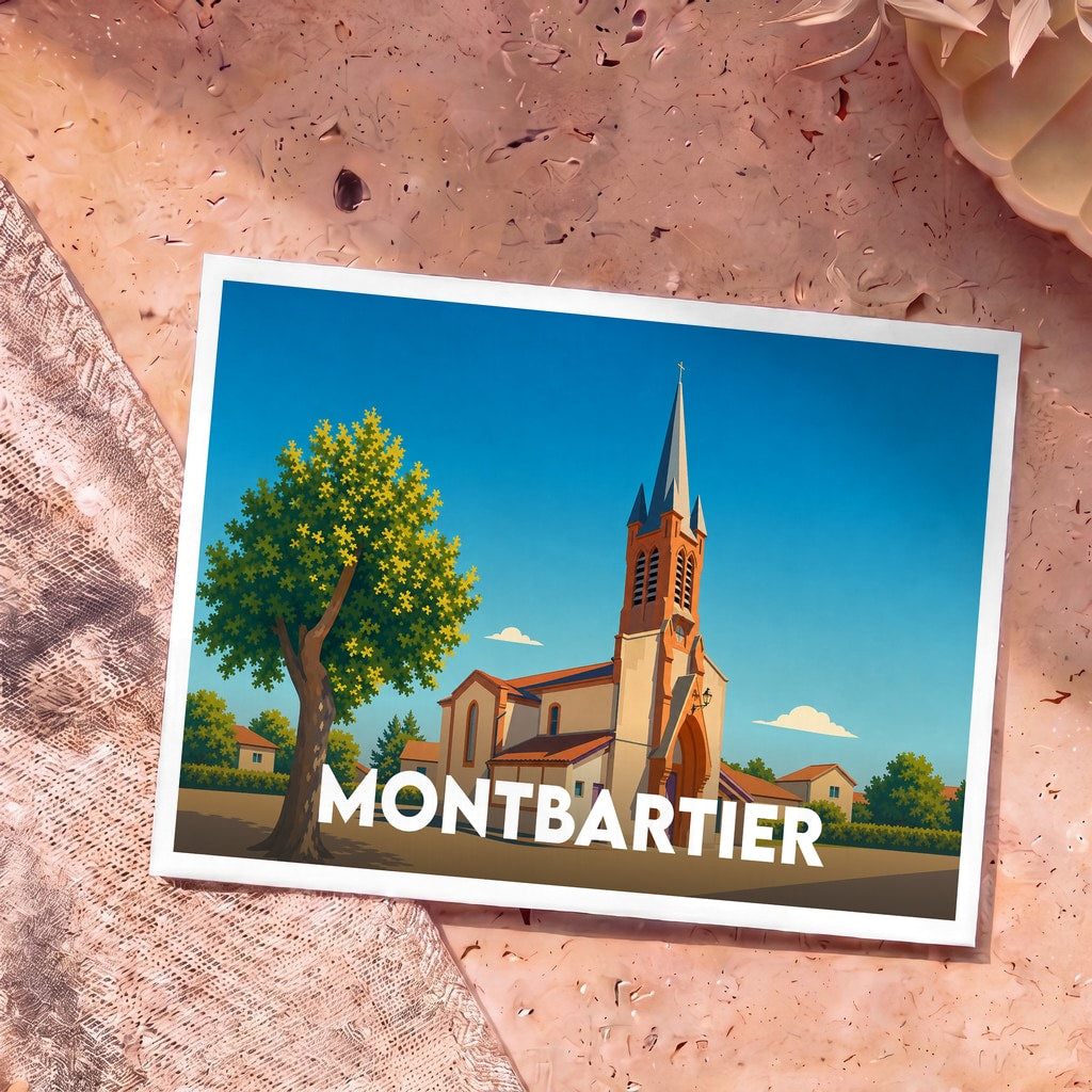 Carte postale souvenir de la ville de Montbartier avec une illustration stylisée de son église.