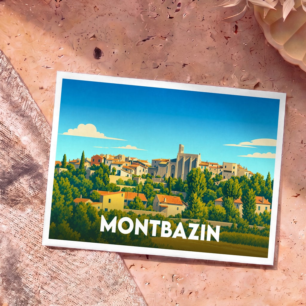 Carte postale souvenir de la ville de Montbazin avec une illustration stylisée et colorée.