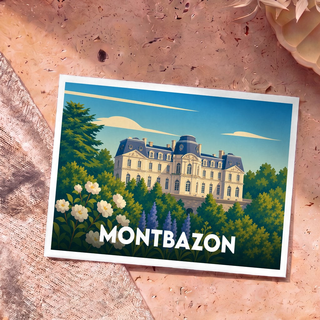 Carte postale souvenir de la ville de Montbazon illustrant un château majestueux dans un style graphique épuré.