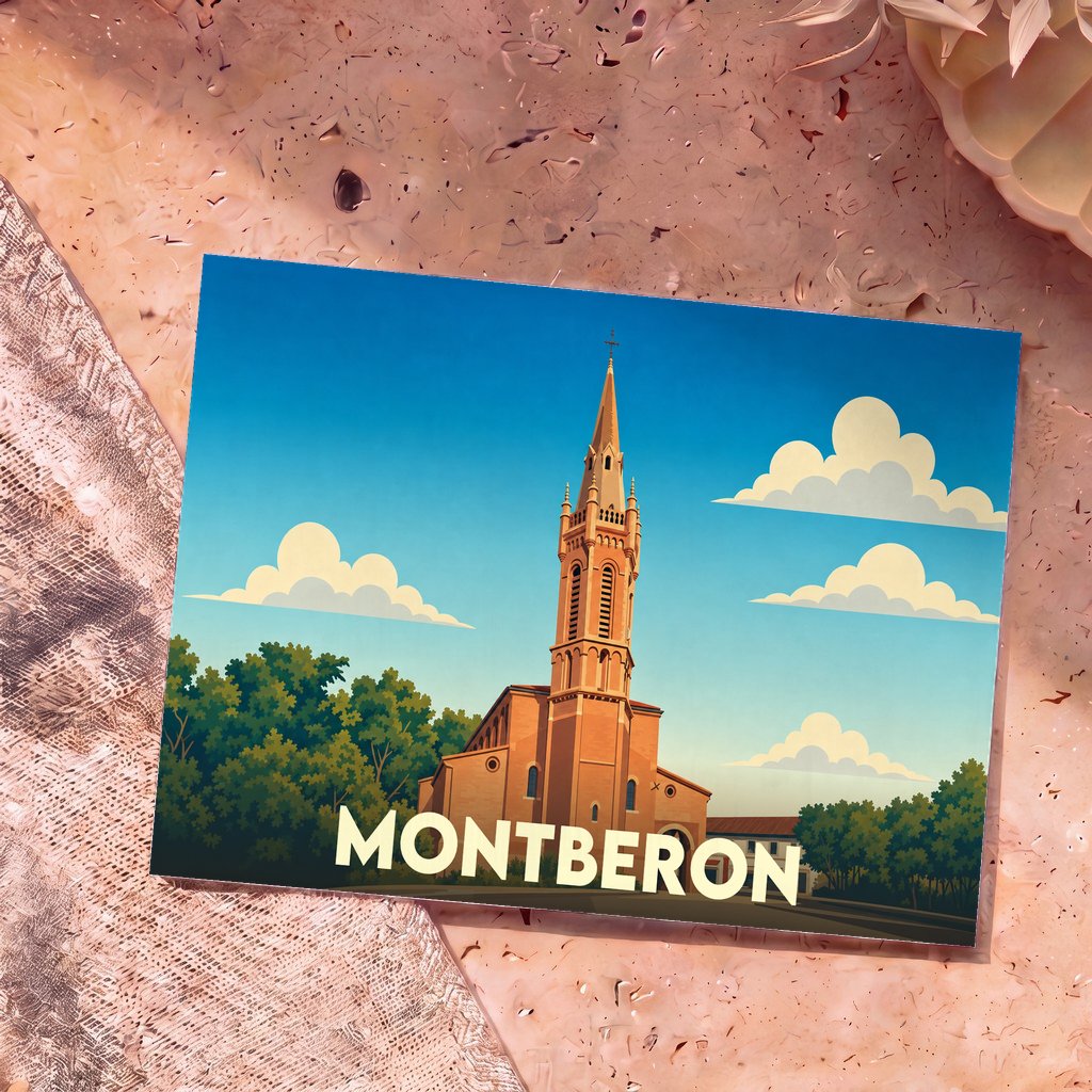 Carte postale souvenir de la ville de Montberon avec une illustration stylisée de son église sous un ciel azur.