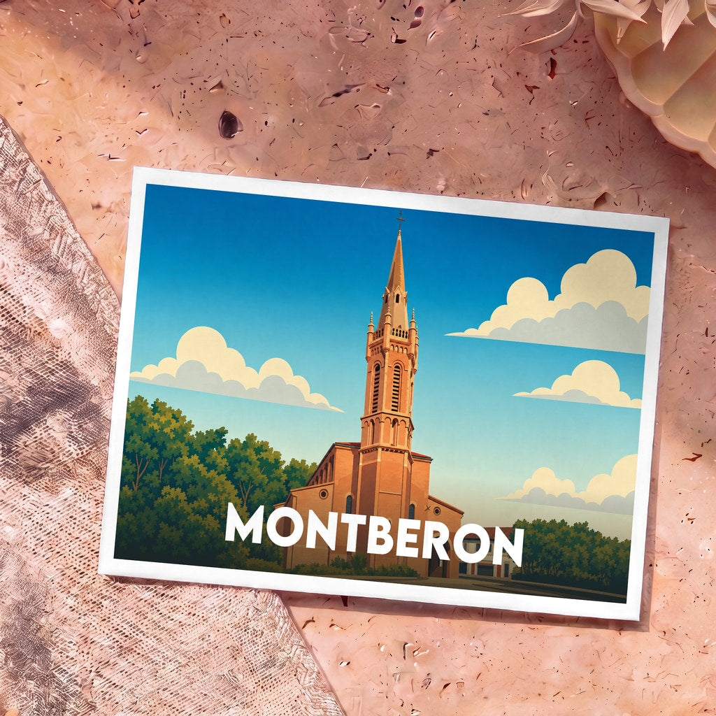 Carte postale souvenir de la ville de Montberon avec une illustration stylisée de son église sous un ciel azur.
