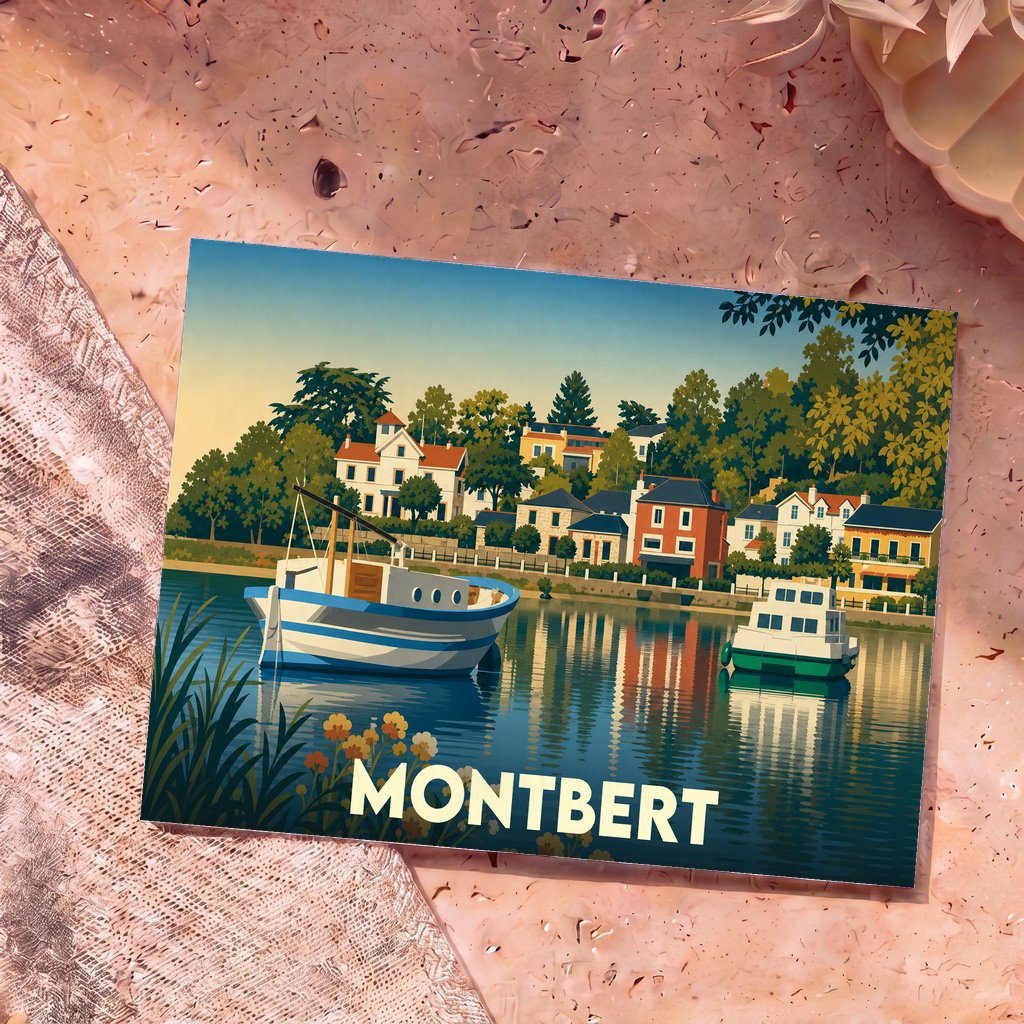 Carte postale souvenir de la ville de Montbert avec une illustration stylisée de bateaux sur l'eau devant des maisons colorées.