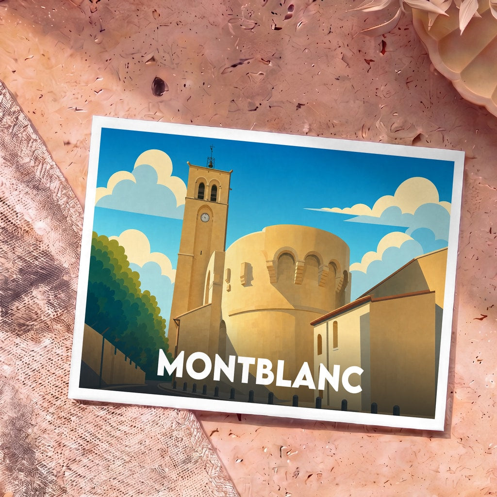 Carte postale souvenir de la ville de Montblanc avec une illustration stylisée de son église fortifiée.