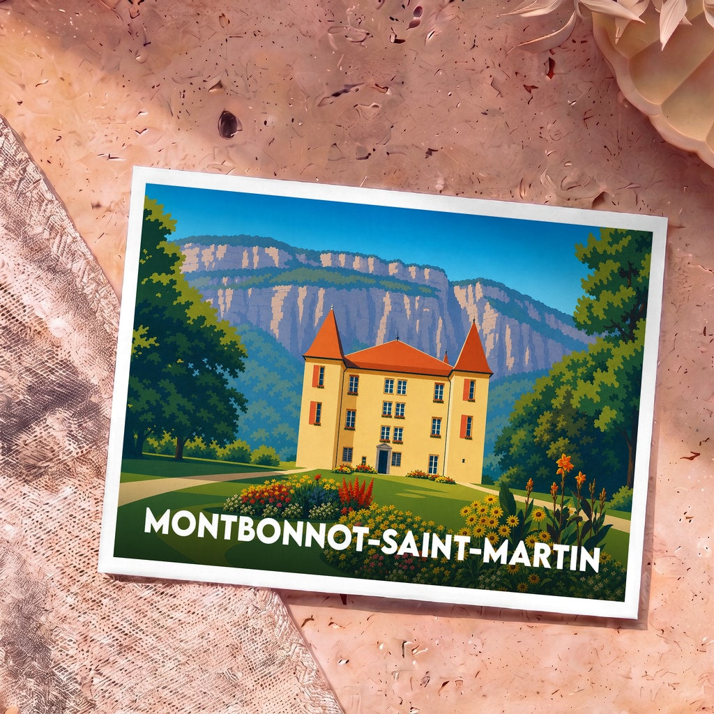 Carte postale souvenir de la ville de Montbonnot-Saint-Martin avec une illustration stylisée d'un château devant une falaise.