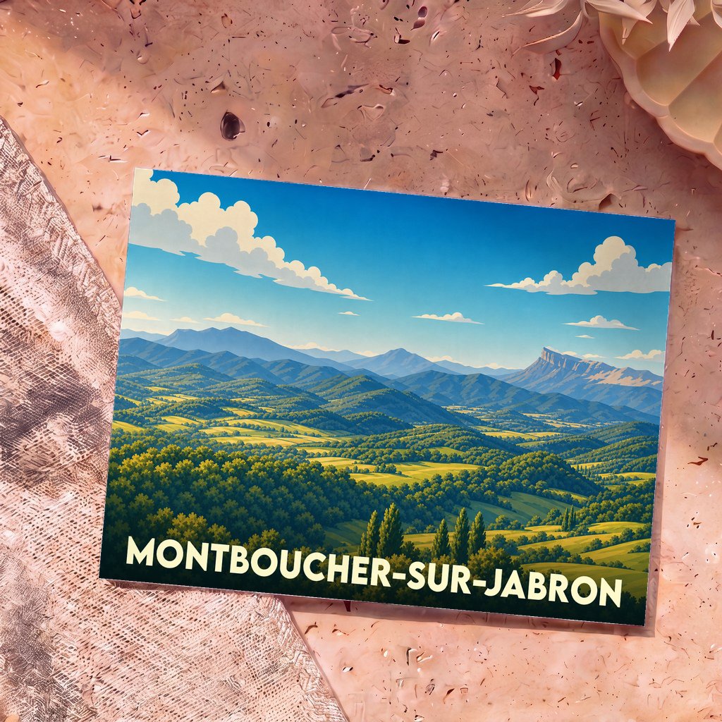 Carte postale souvenir de la ville de Montboucher-sur-Jabron illustrée par un paysage vallonné et ensoleillé.