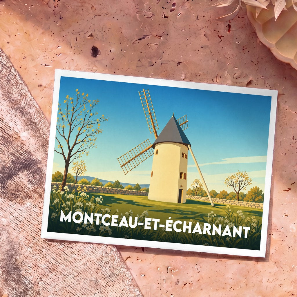 Carte postale souvenir de la ville de Montceau-et-Écharnant illustrée par un moulin à vent dans un style vintage.