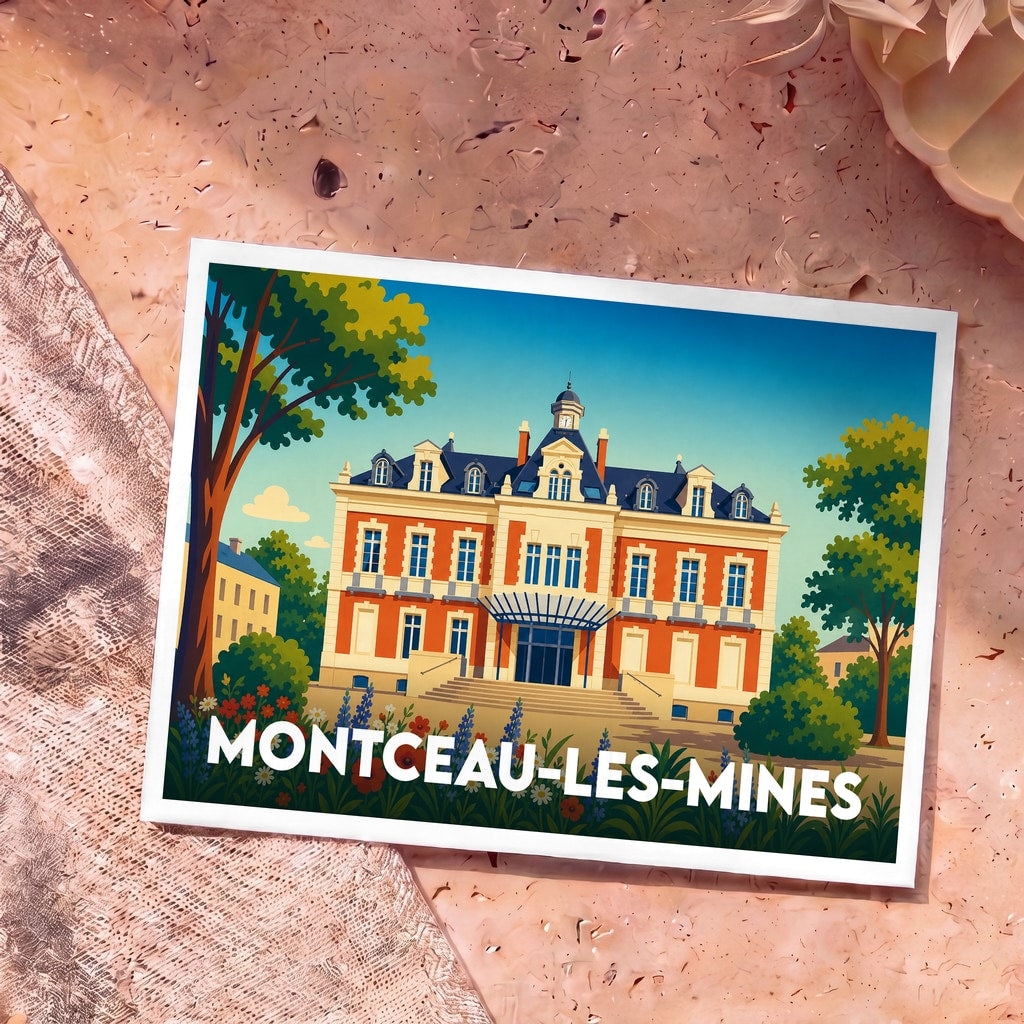 Carte postale souvenir de la ville de Montceau-les-Mines avec une illustration stylisée de l'Hôtel de Ville.