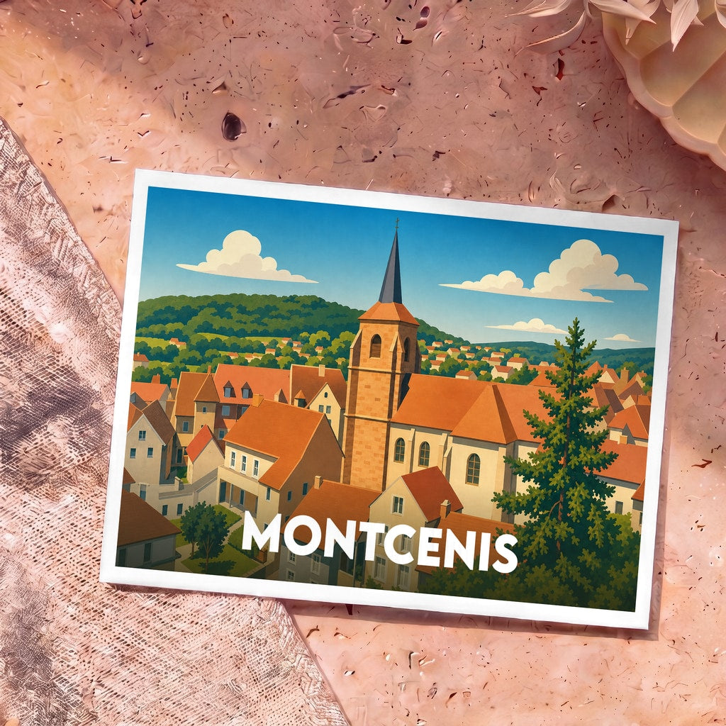 Carte postale souvenir de la ville de Montcenis avec une illustration stylisée d'un village et son église.