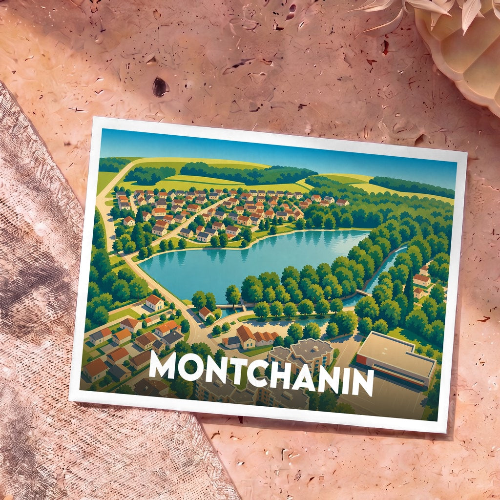 Carte postale souvenir de la ville de Montchanin avec une illustration stylisée vue du ciel.