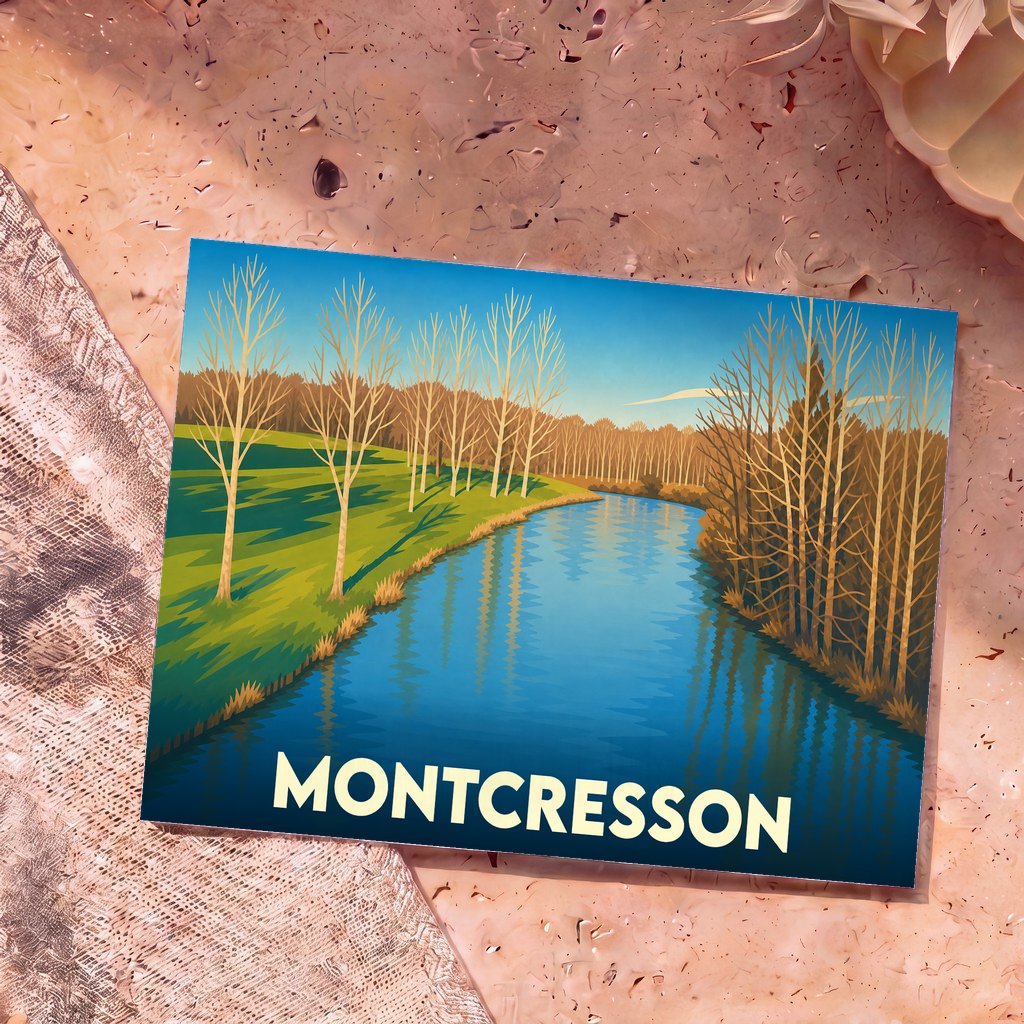 Carte postale souvenir de la ville de Montcresson illustrant une rivière bordée d'arbres stylisés.