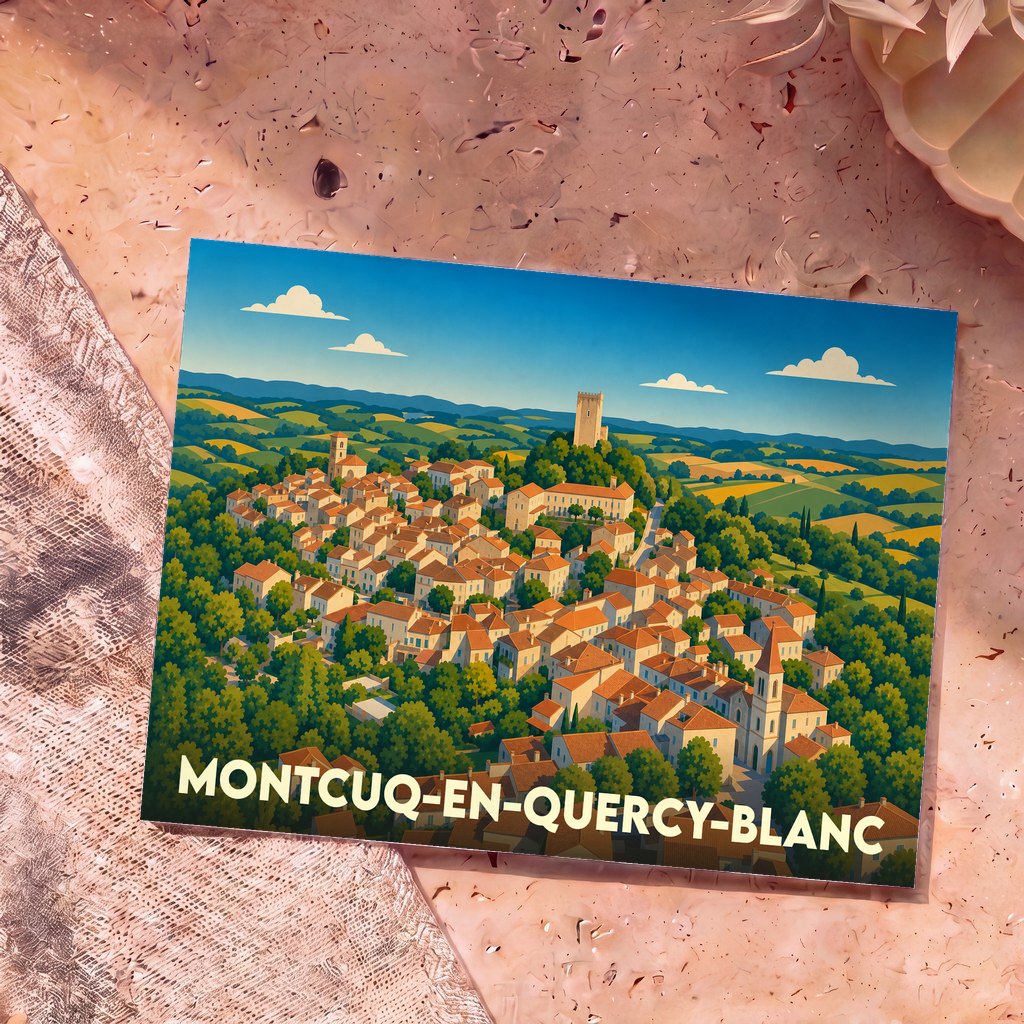 Carte postale souvenir de la ville de Montcuq-en-Quercy-Blanc avec une illustration stylisée d'un village perché.