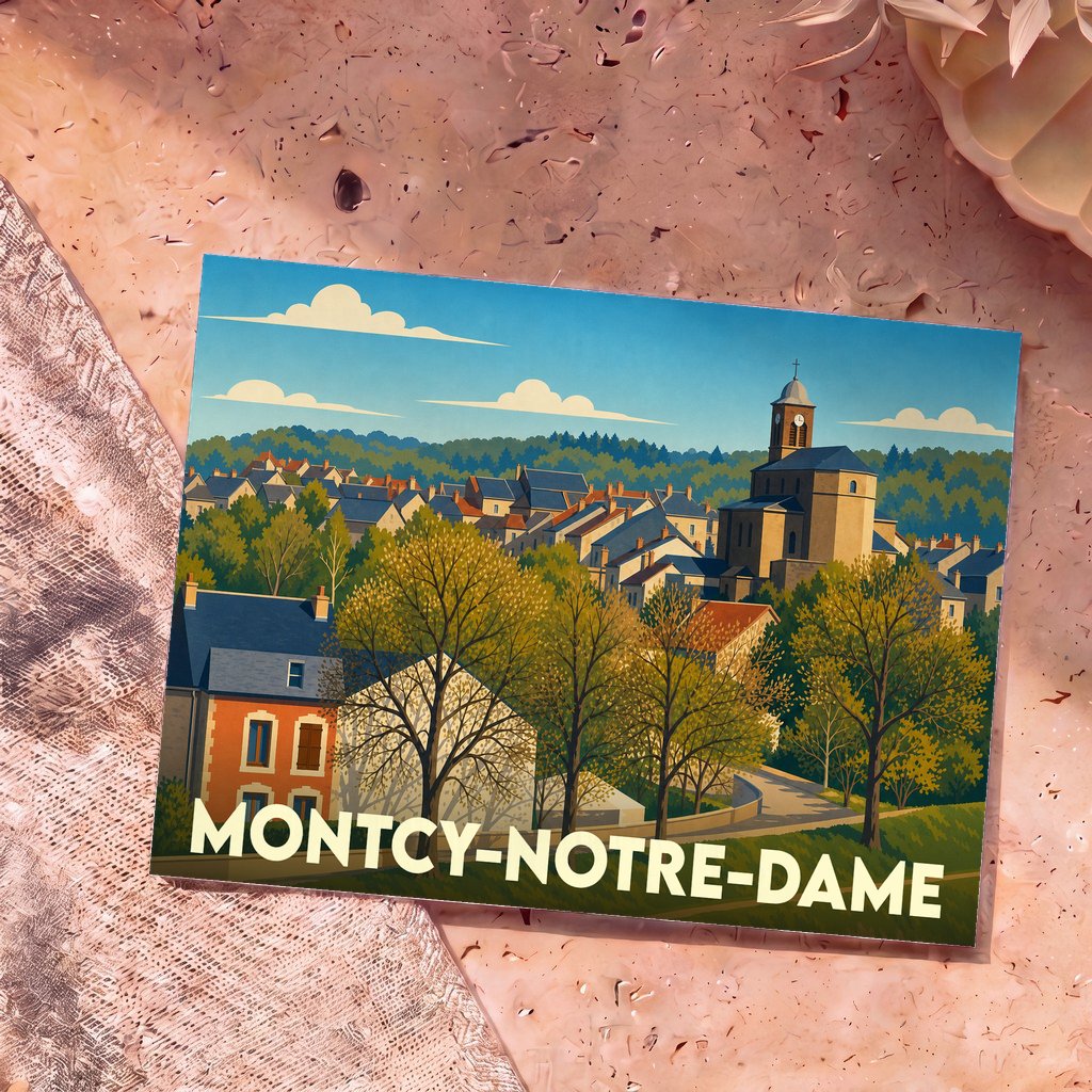 Carte postale souvenir de la ville de Montcy-Notre-Dame avec une illustration stylisée.