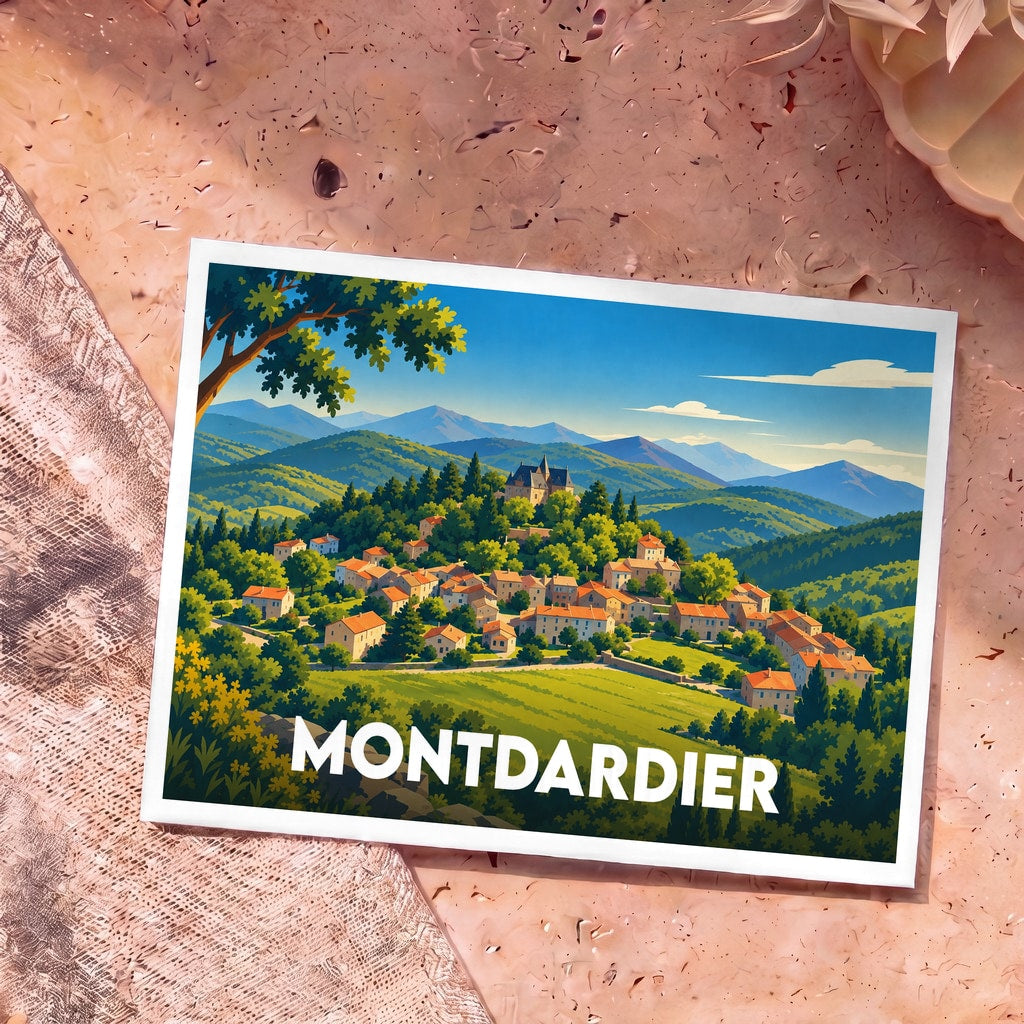 Carte postale souvenir de la ville de Montdardier avec une illustration stylisée de son village et de son château.