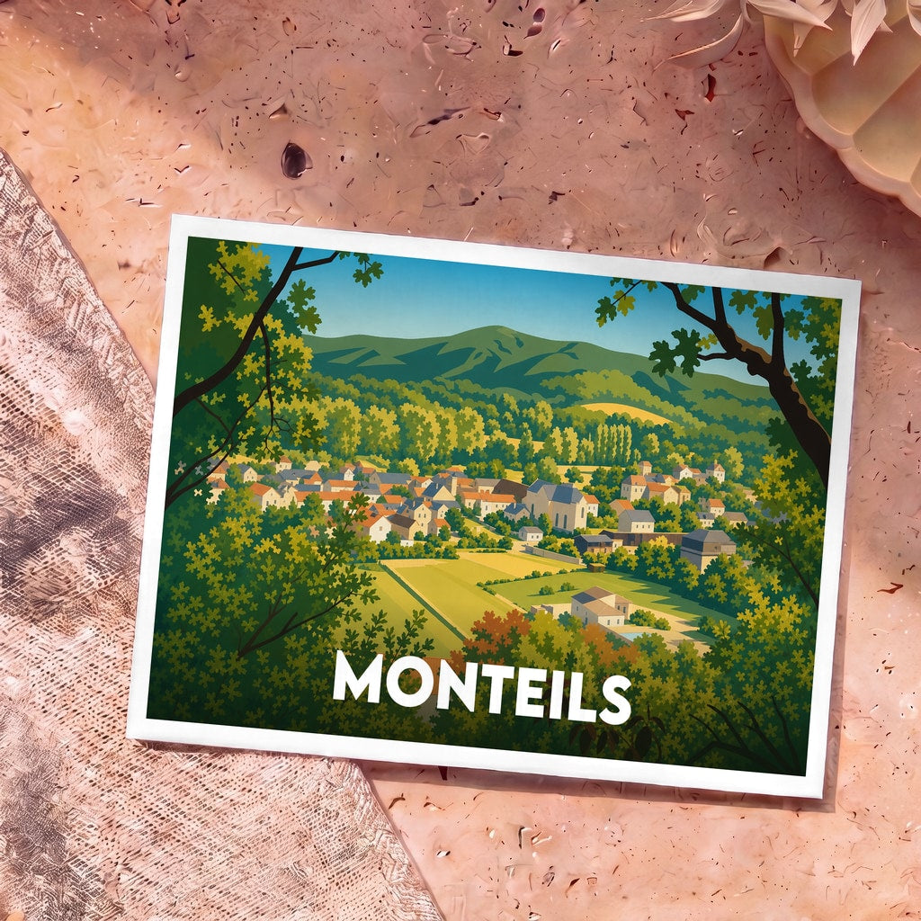 Carte postale souvenir de la ville de Monteils avec une illustration stylisée de son paysage vallonné.