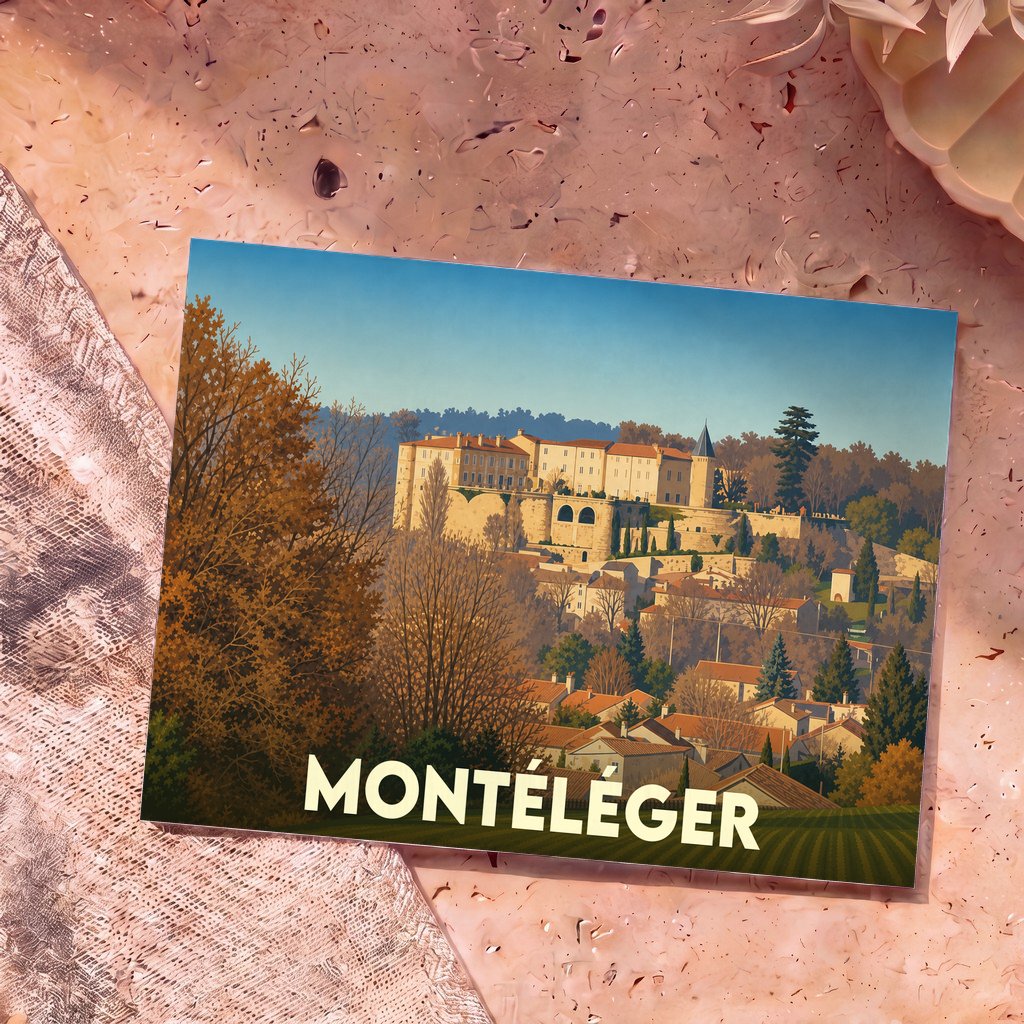 Carte postale souvenir de la ville de Montéléger avec une illustration stylisée d'un château surplombant le village.