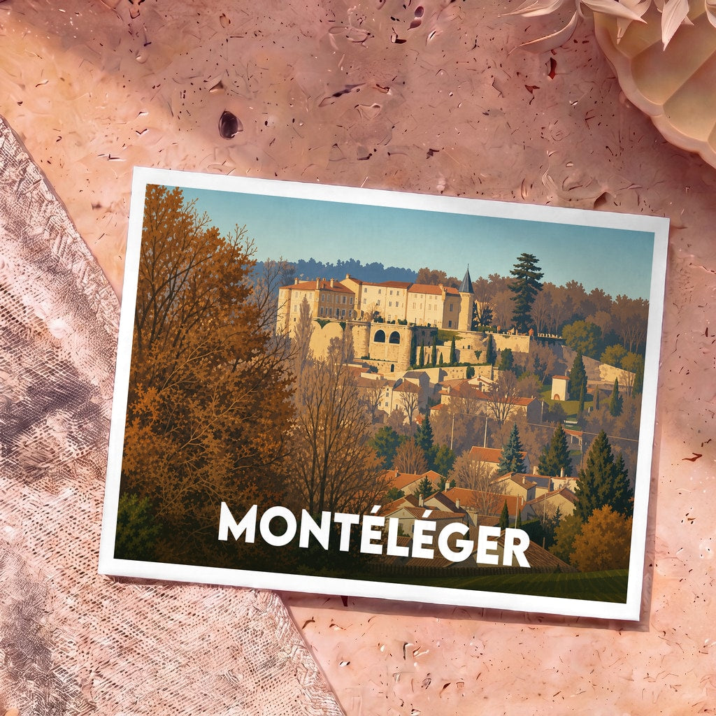 Carte postale souvenir de la ville de Montéléger avec une illustration stylisée d'un château surplombant le village.
