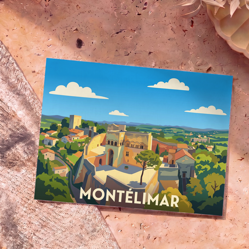 Carte postale souvenir de la ville de Montélimar illustrant le château des Adhémar dans un style graphique épuré.