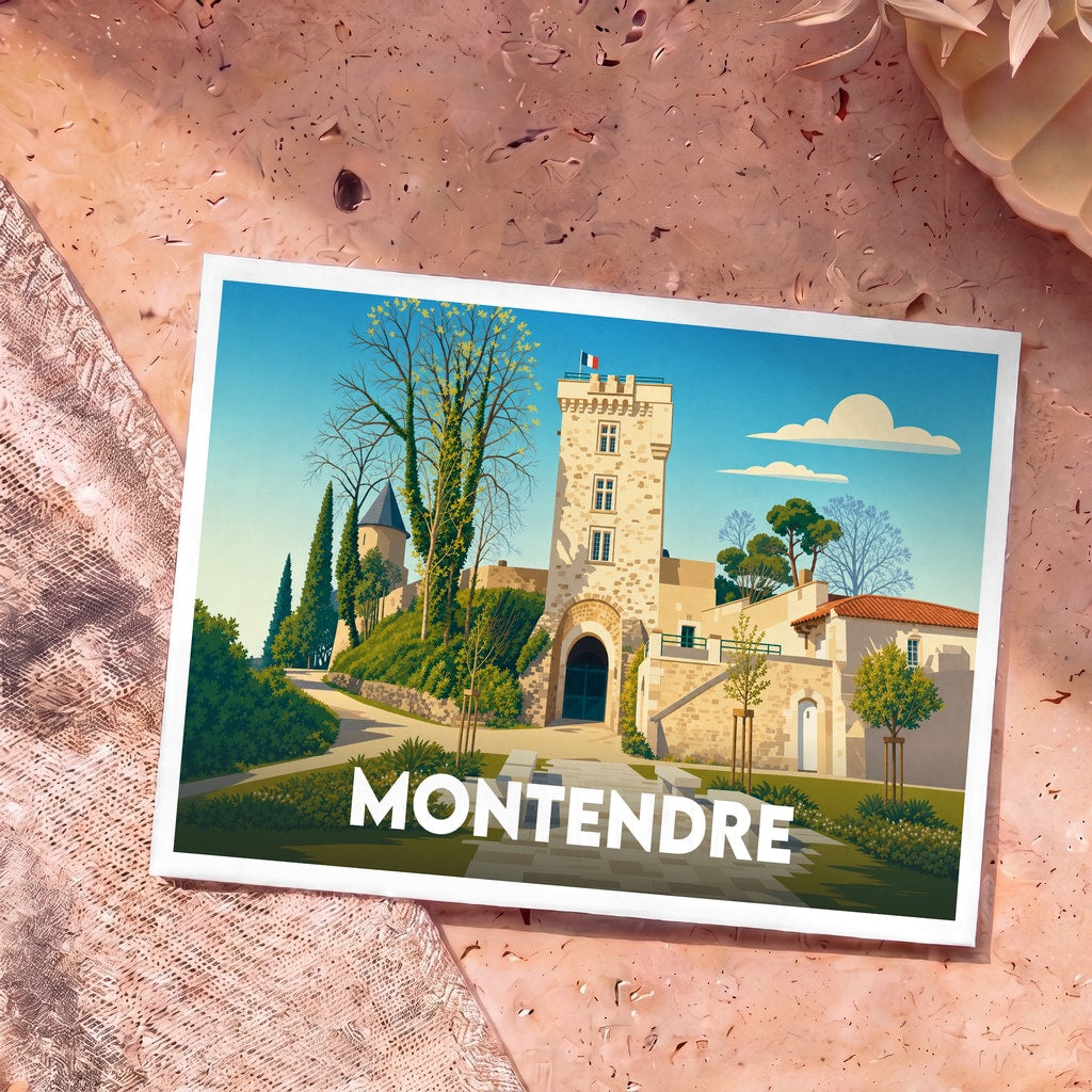 Carte postale souvenir de la ville de Montendre illustrant son château dans un style graphique épuré.