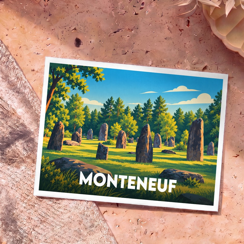 Carte postale souvenir de la ville de Monteneuf avec une illustration stylisée des menhirs dans une forêt.