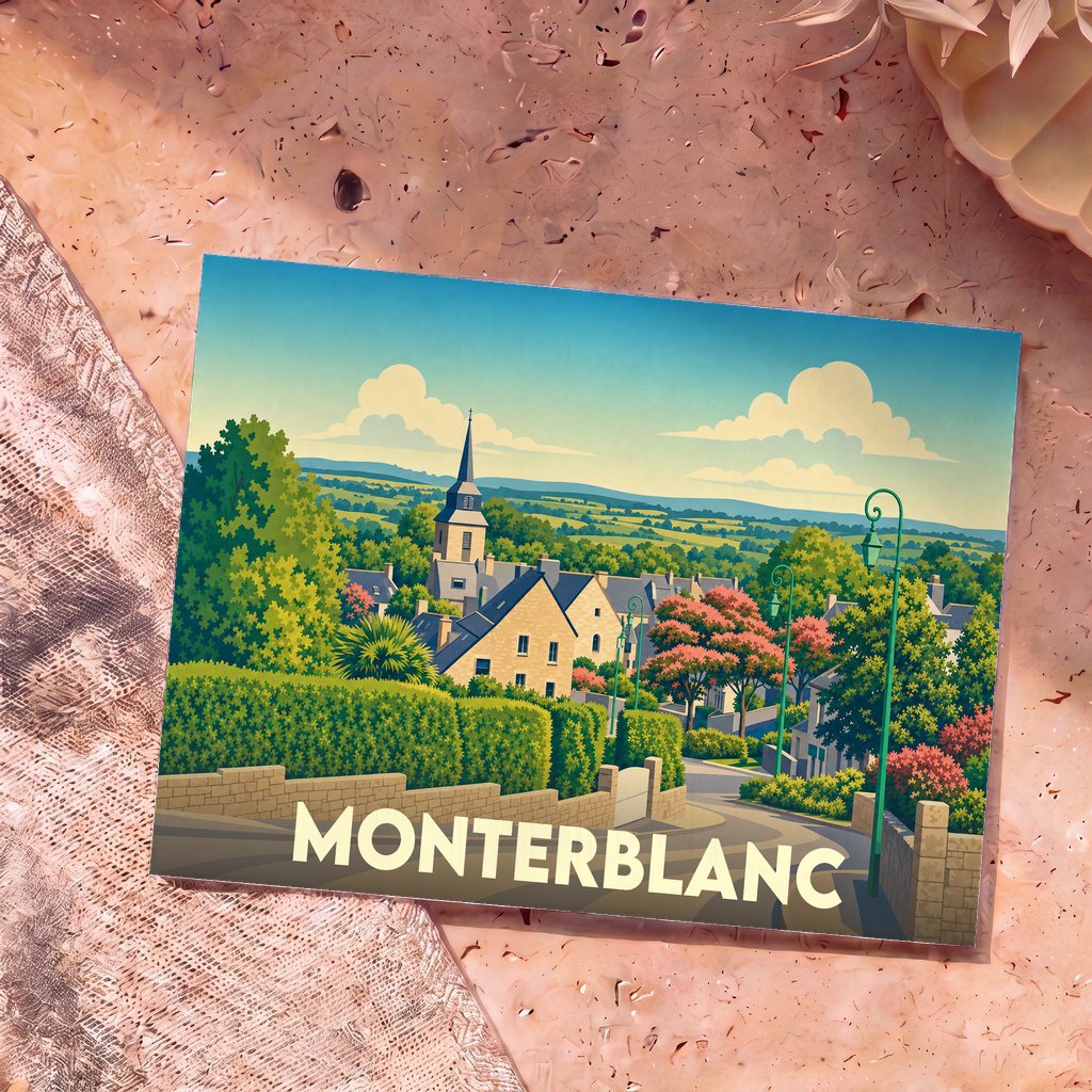 Carte postale souvenir de la ville de Monterblanc avec une illustration stylisée de son église et de ses paysages verdoyants.