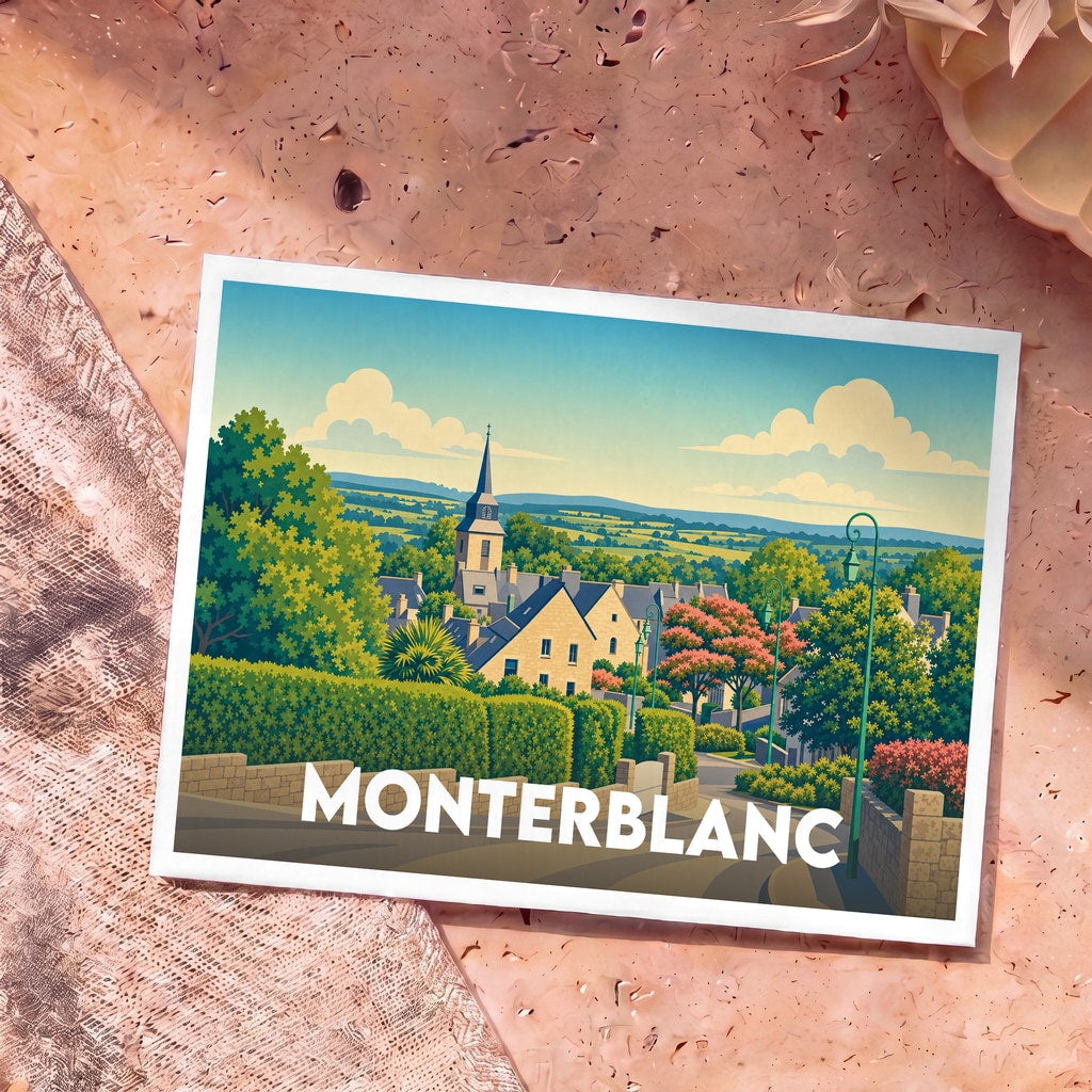 Carte postale souvenir de la ville de Monterblanc avec une illustration stylisée de son église et de ses paysages verdoyants.