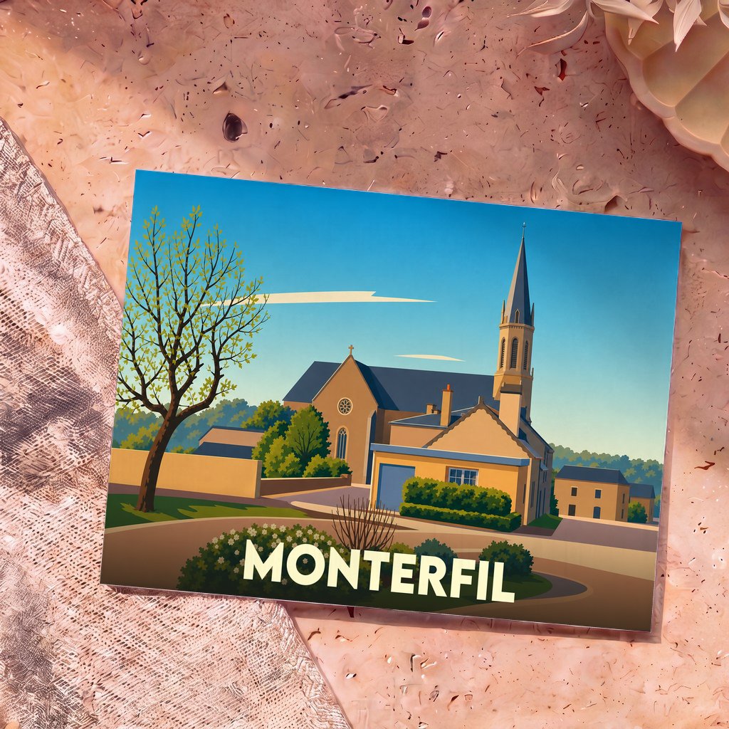 Carte postale souvenir de la ville de Monterfil avec une illustration stylisée d'une église et de maisons de village.
