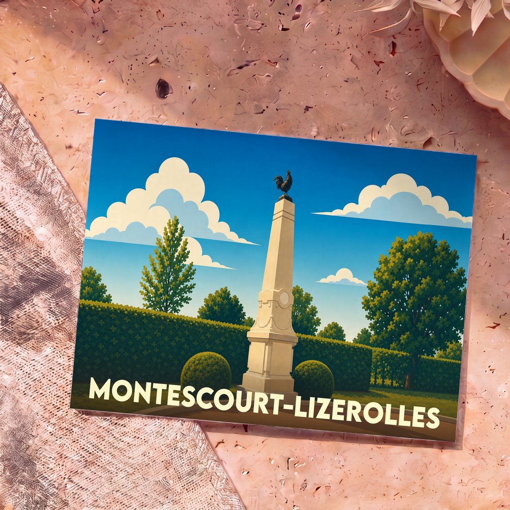 Carte postale souvenir de la ville de Montescourt-Lizerolles avec une illustration stylisée de son monument aux morts.