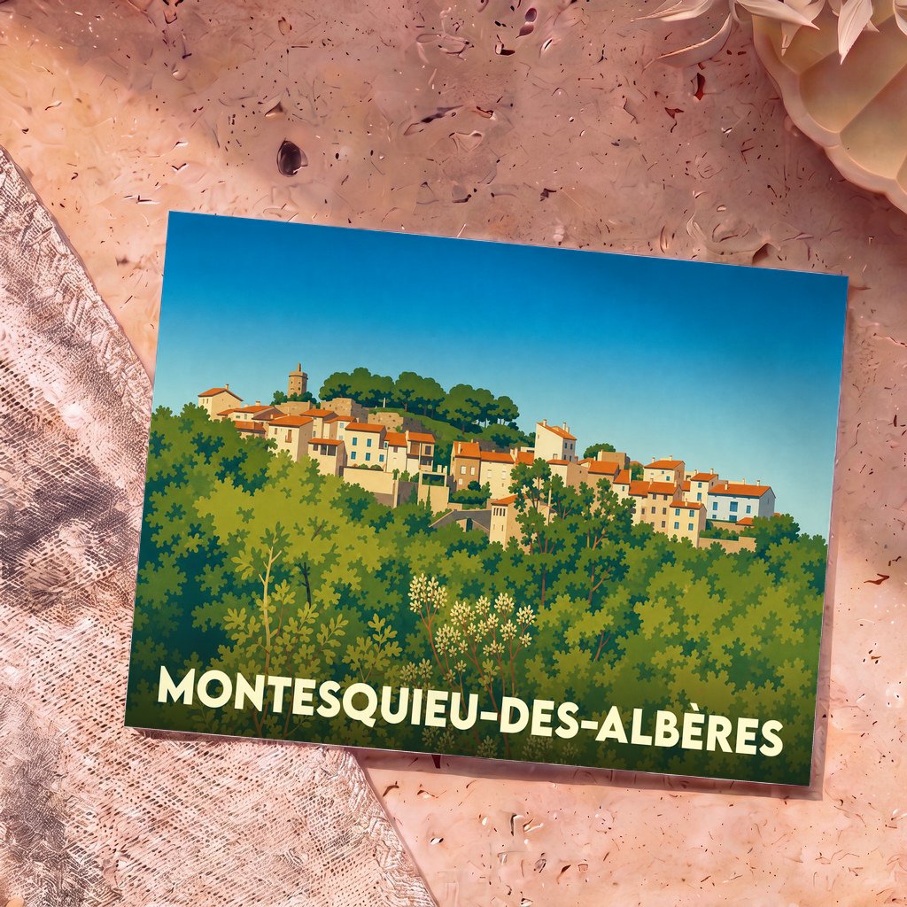 Carte postale souvenir de Montesquieu-des-Albères avec une illustration colorée et stylisée du village perché.
