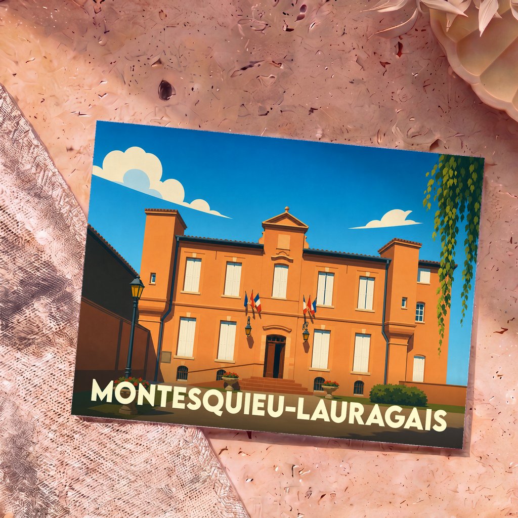 Carte postale souvenir de la ville de Montesquieu-Lauragais avec une illustration stylisée de sa mairie.