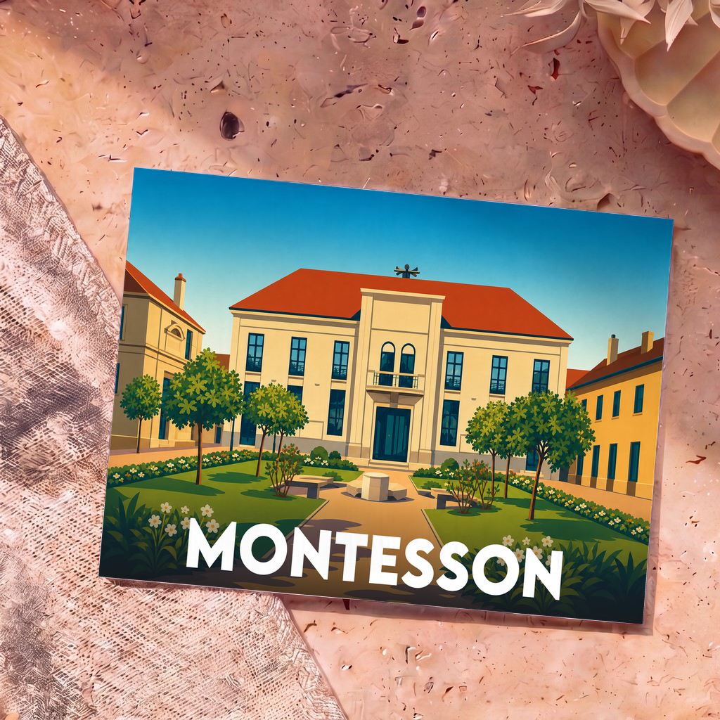 Carte postale souvenir de la ville de Montesson avec une illustration stylisée de l'hôtel de ville.