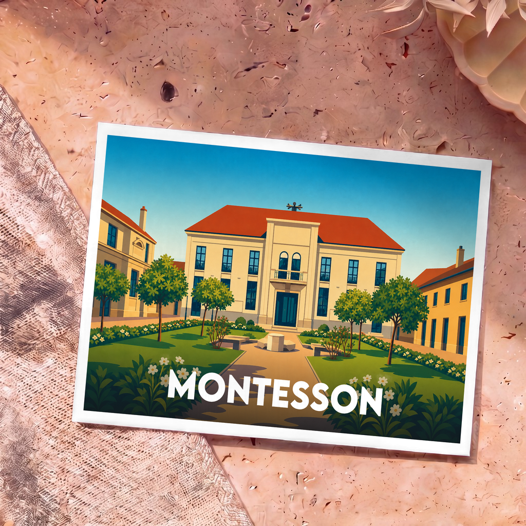 Carte postale souvenir de la ville de Montesson avec une illustration stylisée de l'hôtel de ville.