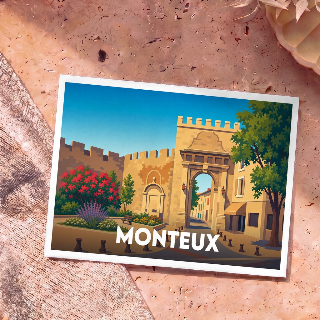 Carte postale souvenir de la ville de Monteux avec une illustration stylisée de ses remparts et de sa porte historique.