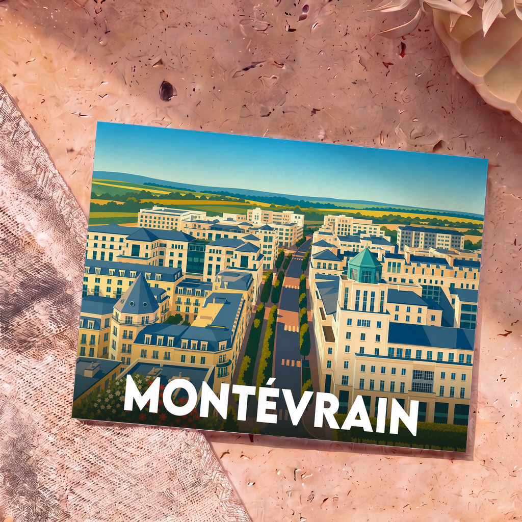 Carte postale souvenir de la ville de Montévrain avec une illustration colorée de ses quartiers emblématiques.
