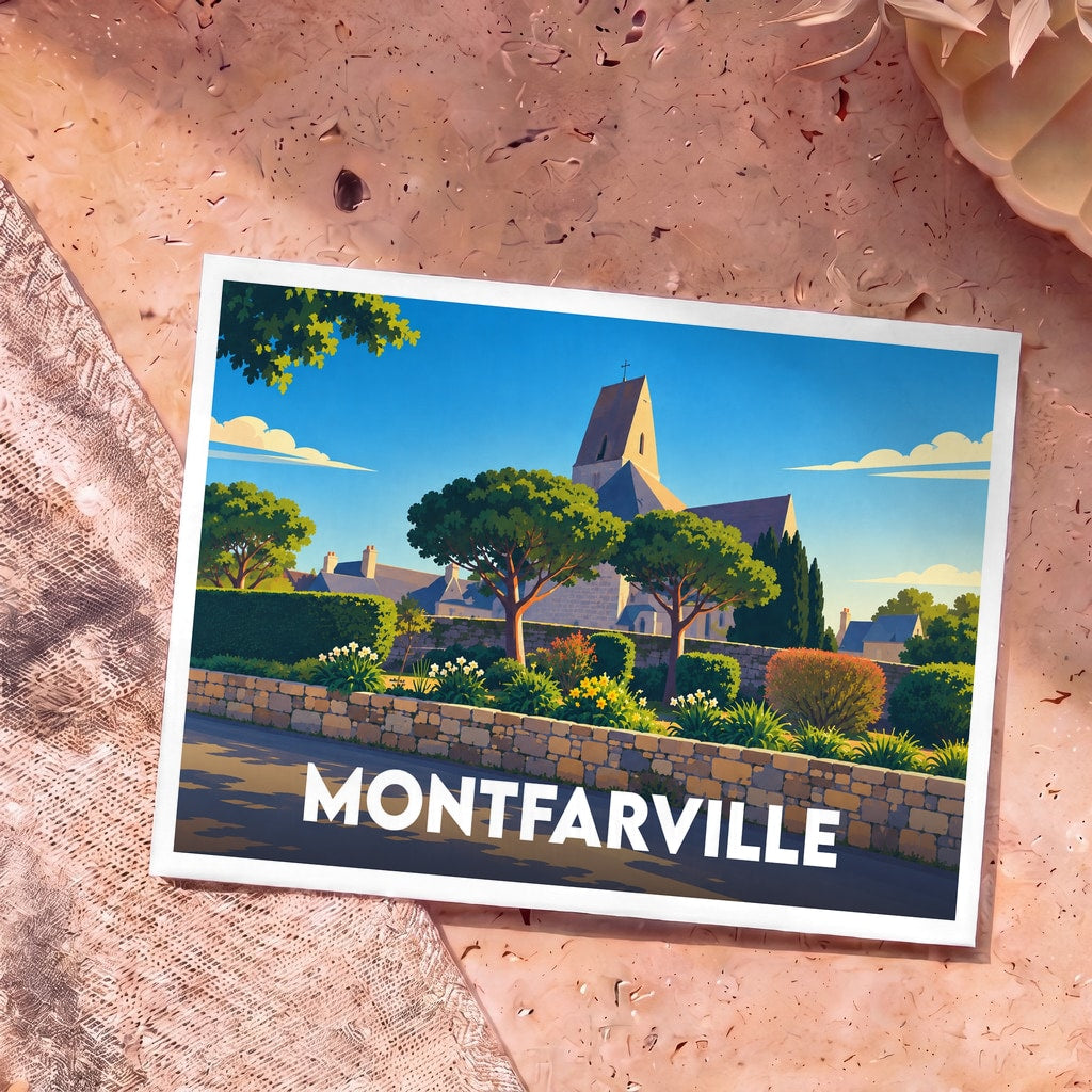 Carte postale souvenir de la ville de Montfarville avec une illustration stylisée de son église et de ses jardins.