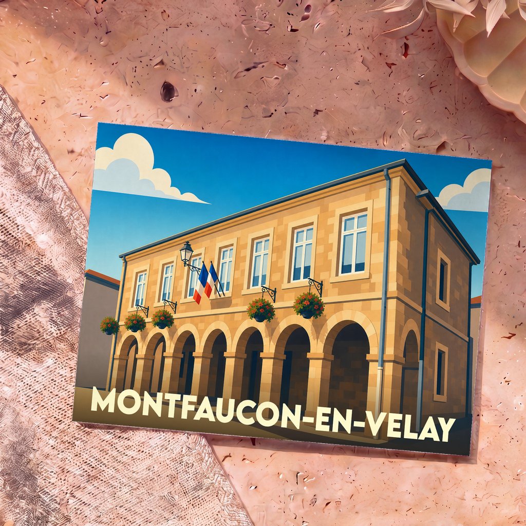 Carte postale souvenir de la ville de Montfaucon-en-Velay avec une illustration stylisée de sa mairie.